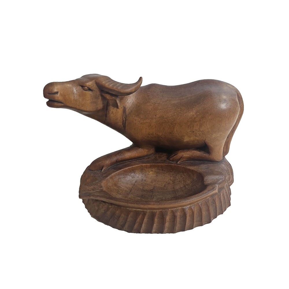 Vintage Solid Wood Hand Carved Oxen Water Buffalo Trinket Tray 8"x 5" approx.